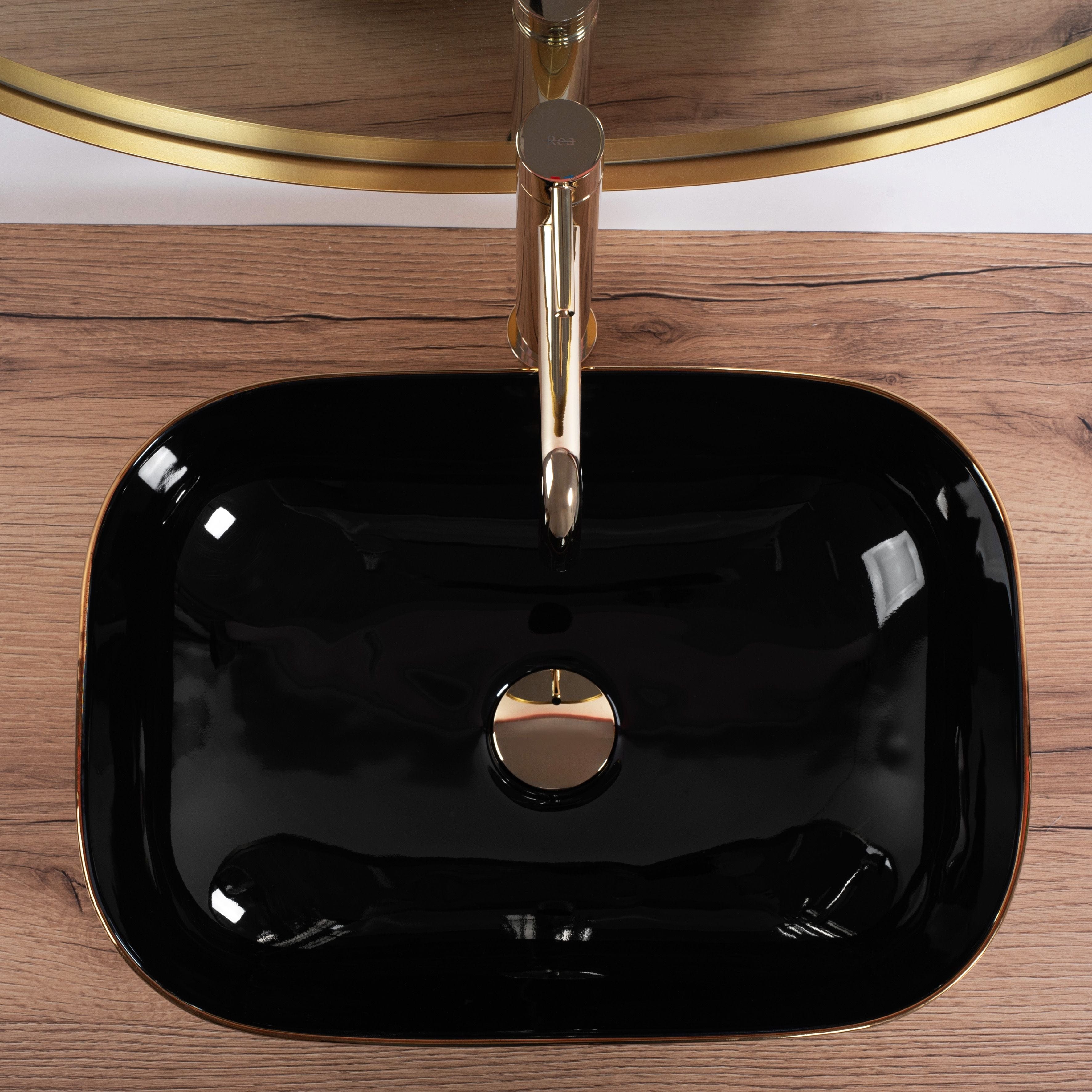 Lavoar ceramic pe blat Rea Belinda, 46.5 cm, auriu/negru