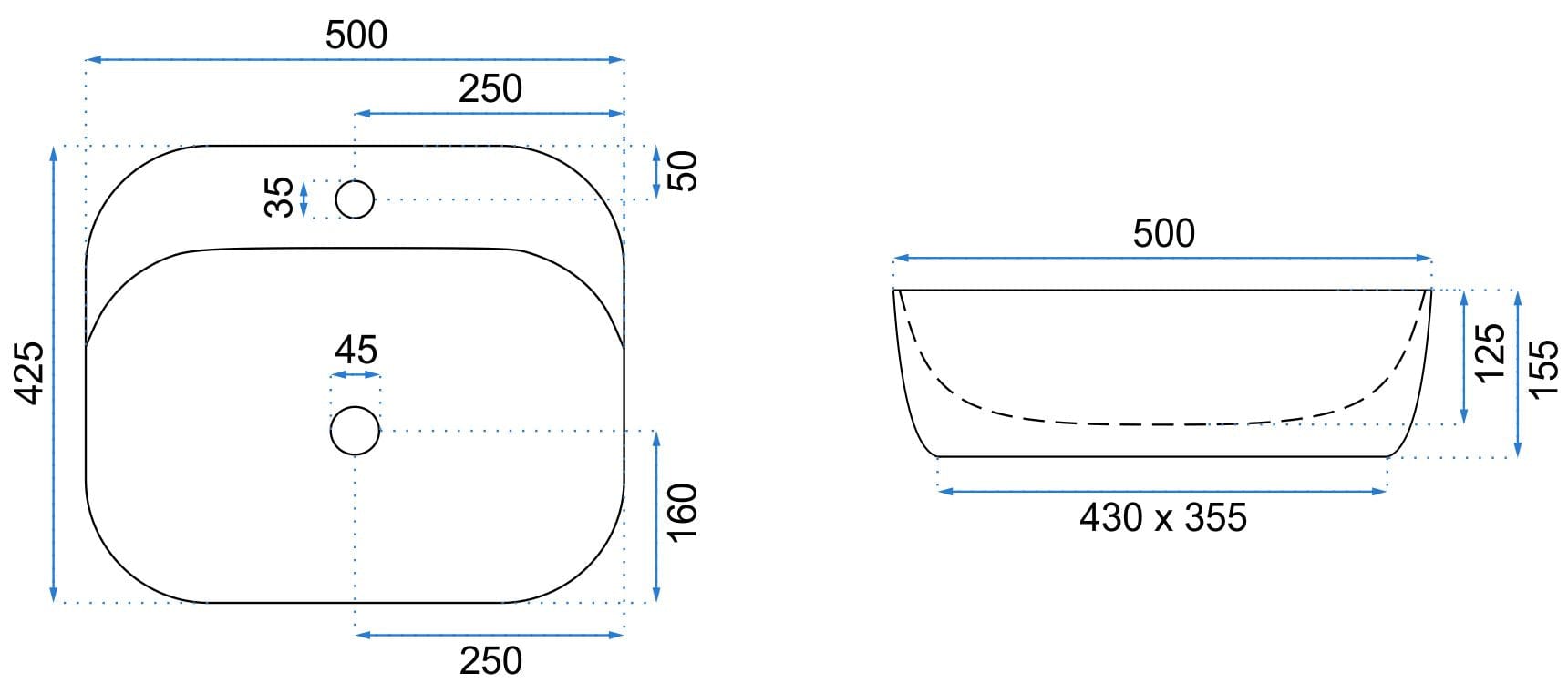 Lavoar ceramic pe blat Rea Luiza, 50 cm, gri mat