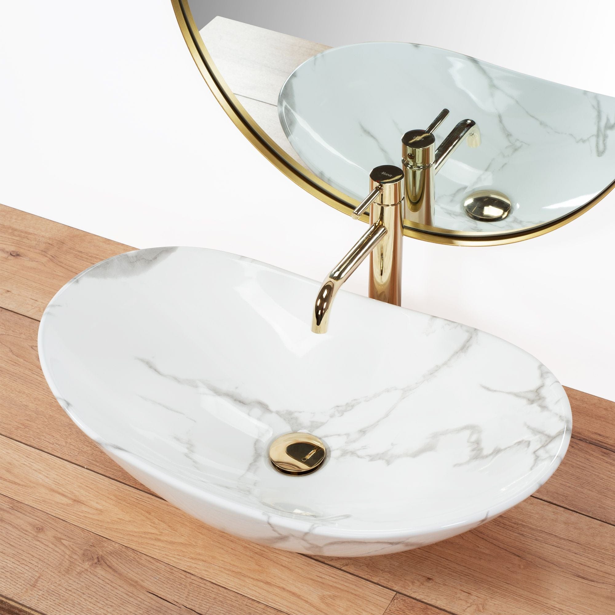 Lavoar ceramic pe blat Rea Royal Marmo, 60.5 cm, imitatie piatra