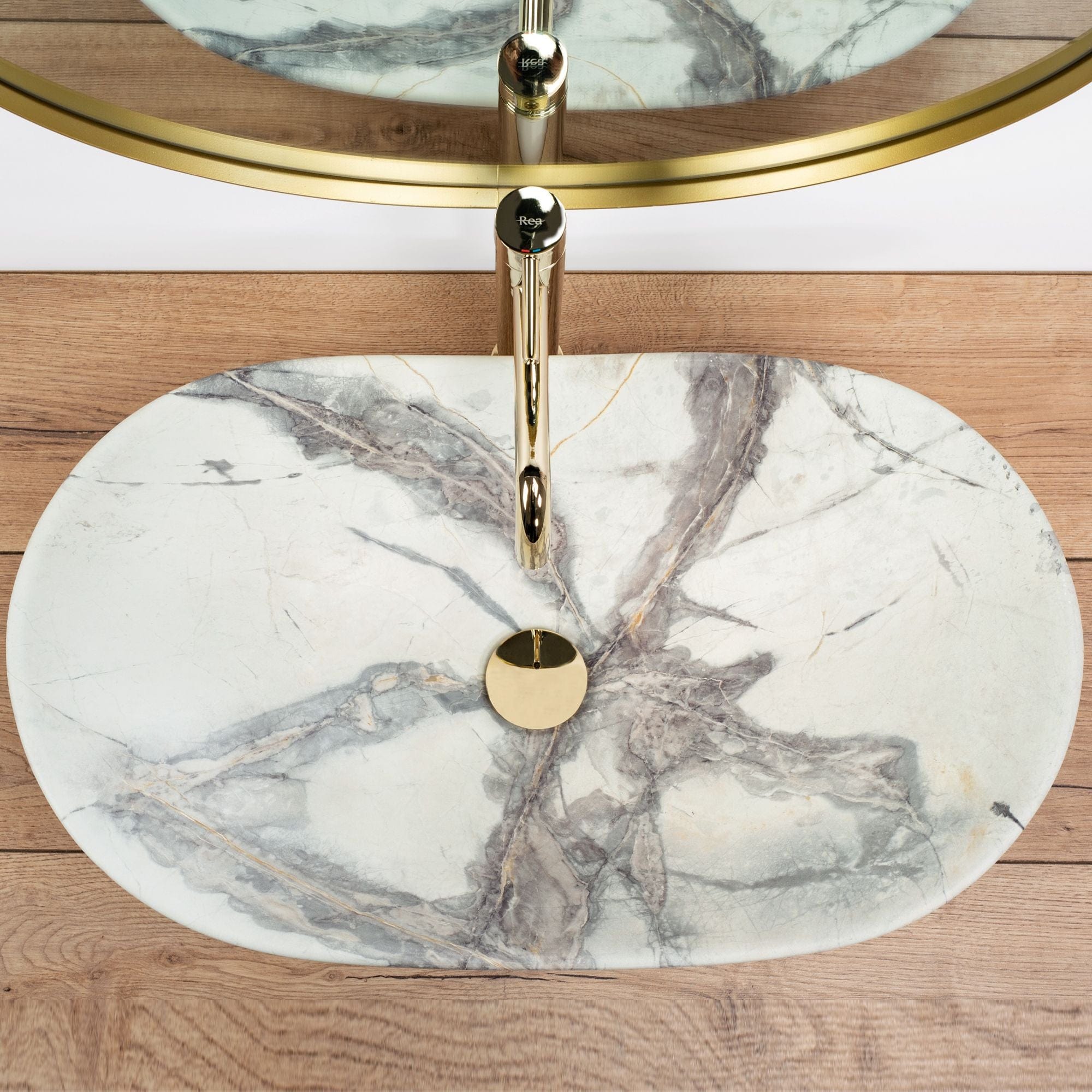 Lavoar ceramic pe blat Rea Royal Sand, 60.5 cm, imitatie piatra