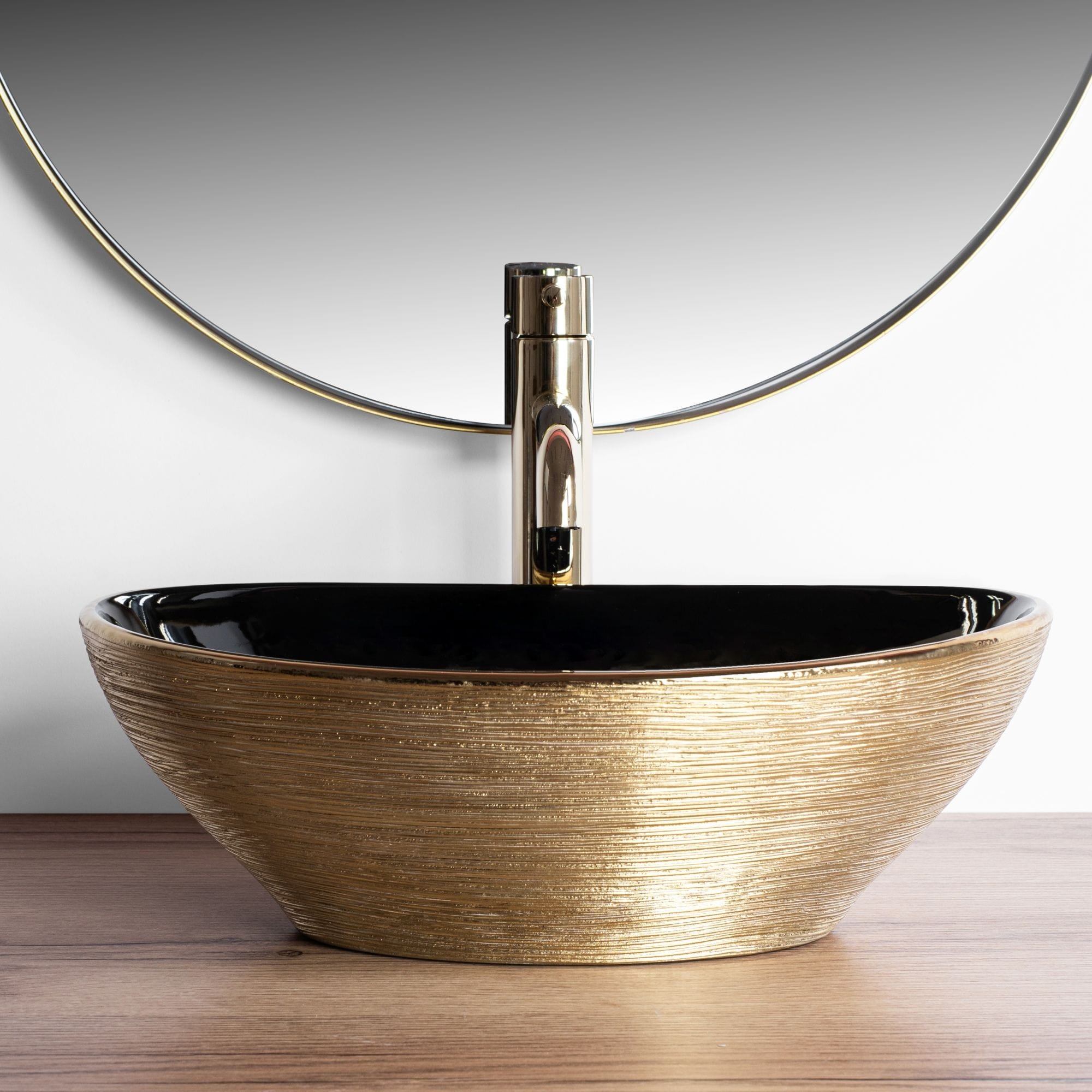 Lavoar ceramic pe blat Rea Sami, 41 cm, negru/auriu
