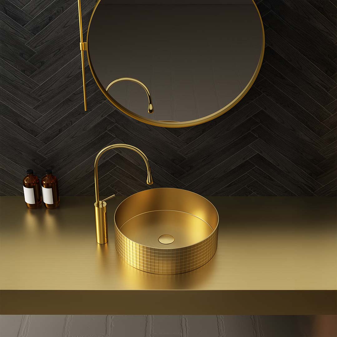 Lavoar de baie Ardessa, pe blat, rotund, din otel inoxidabil, 40 cm, auriu, Elysium