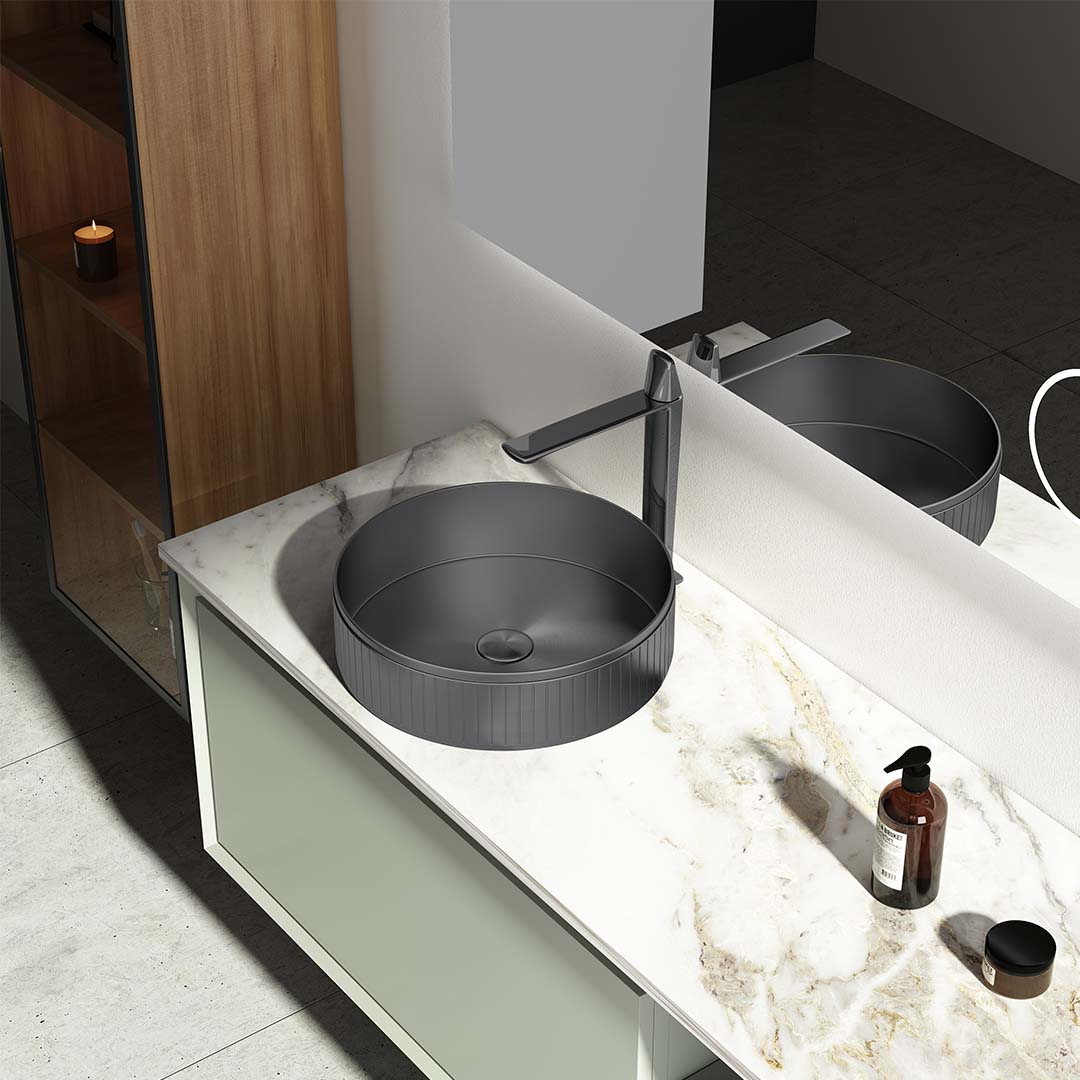 Lavoar de baie Ardessa, pe blat, rotund, din otel inoxidabil, 40 cm, gri, Elysium
