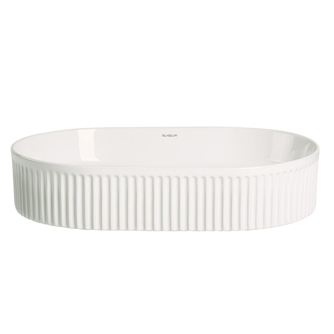 Lavoar de baie City, pe blat, oval, din ceramica sanitara, 57.5 cm, alb lucios cu riflaje, Elysium