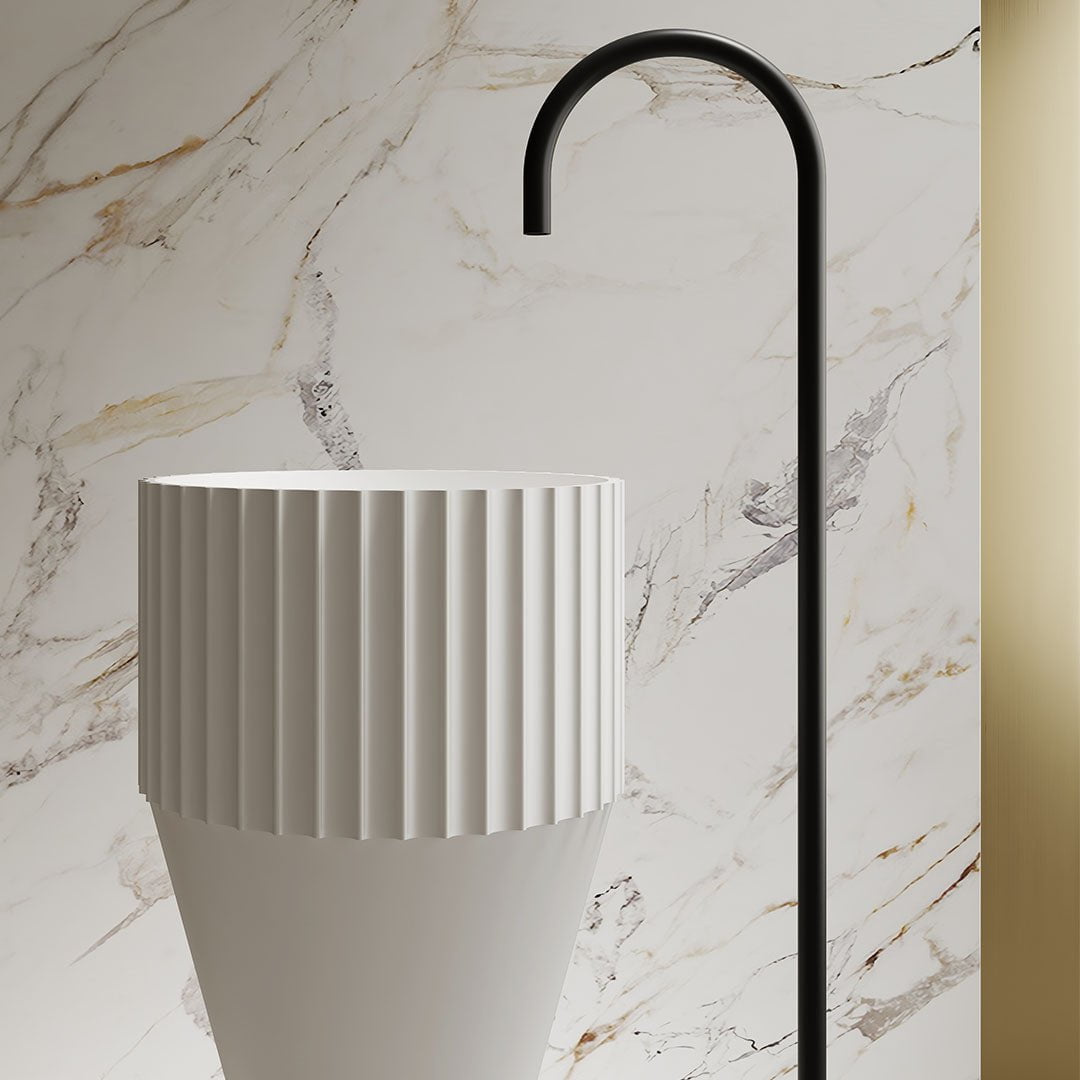 Lavoar de baie, freestanding, 36 cm, rotund, din compozit, alb mat, riflaje in partea superioara,, MonBlari