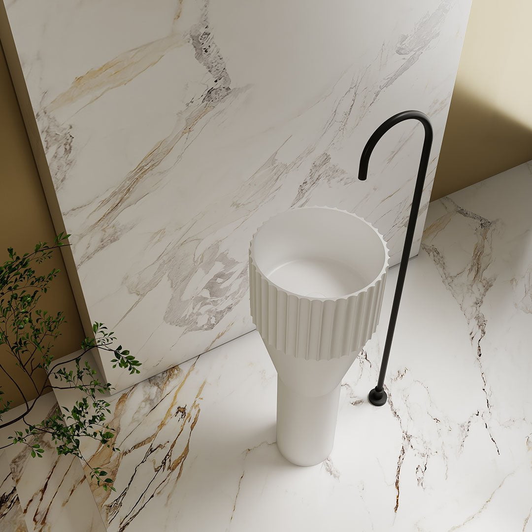 Lavoar de baie, freestanding, 36 cm, rotund, din compozit, alb mat, riflaje in partea superioara,, MonBlari