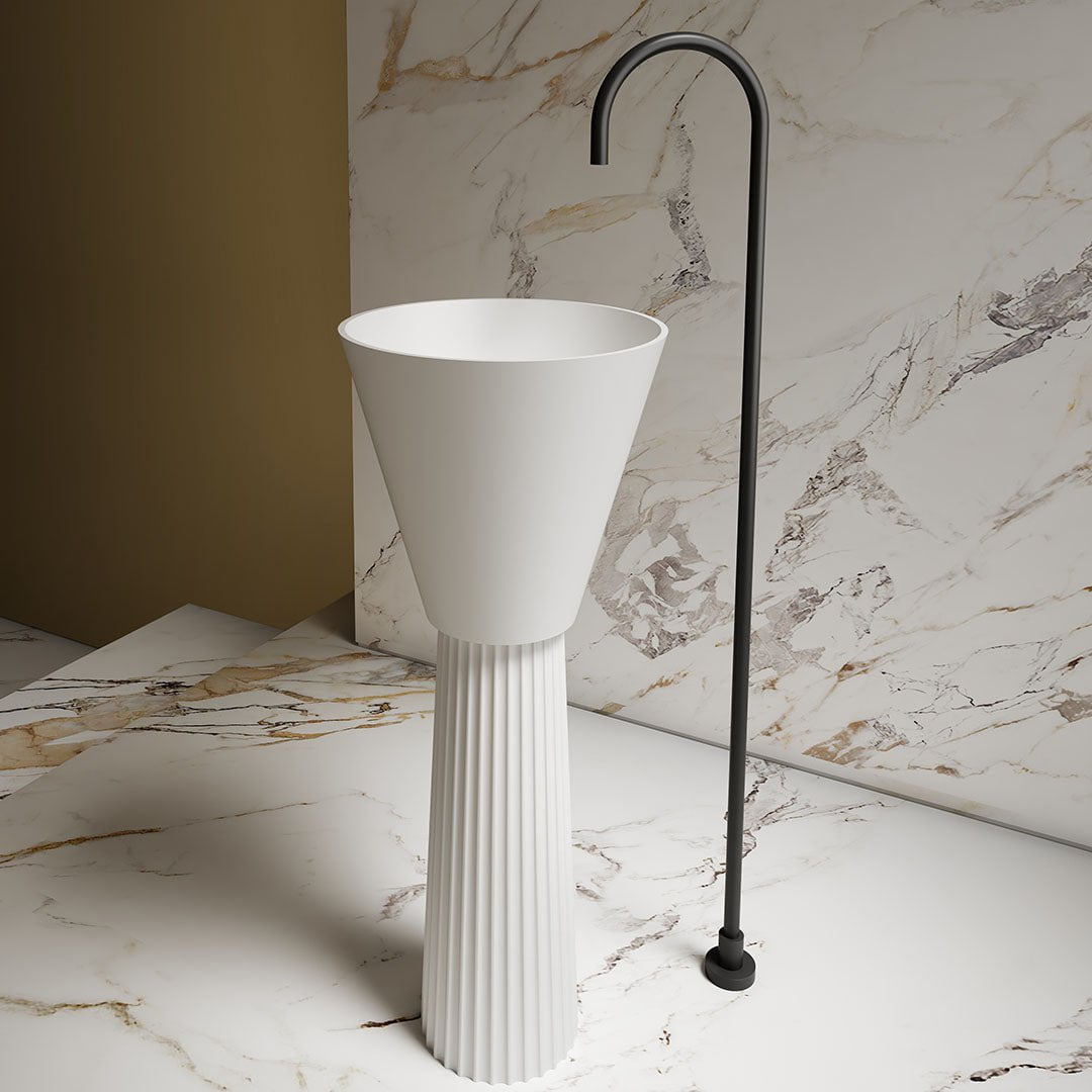Lavoar de baie, freestanding, 38 cm, rotund, din compozit, alb mat, riflaje in partea inferioara, MonBlari