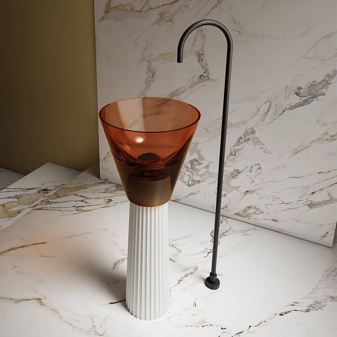 Lavoar de baie, freestanding, 38 cm, rotund, din rasina si compozit, maro transparent, MonBlari