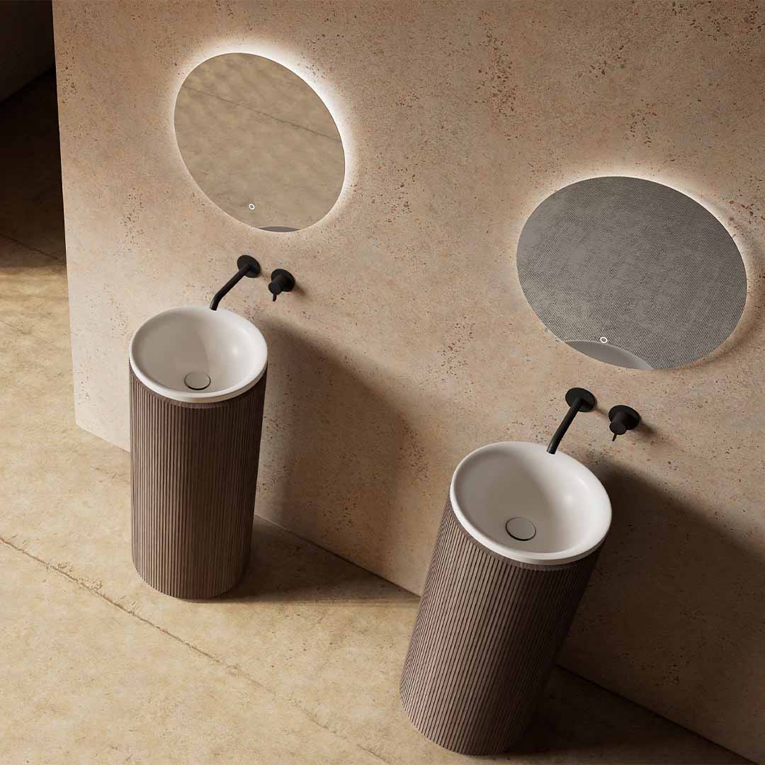 Lavoar de baie, freestanding, 38x38 cm, rotund, din compozit, alb mat cu exterior lemn natur, MonBlari