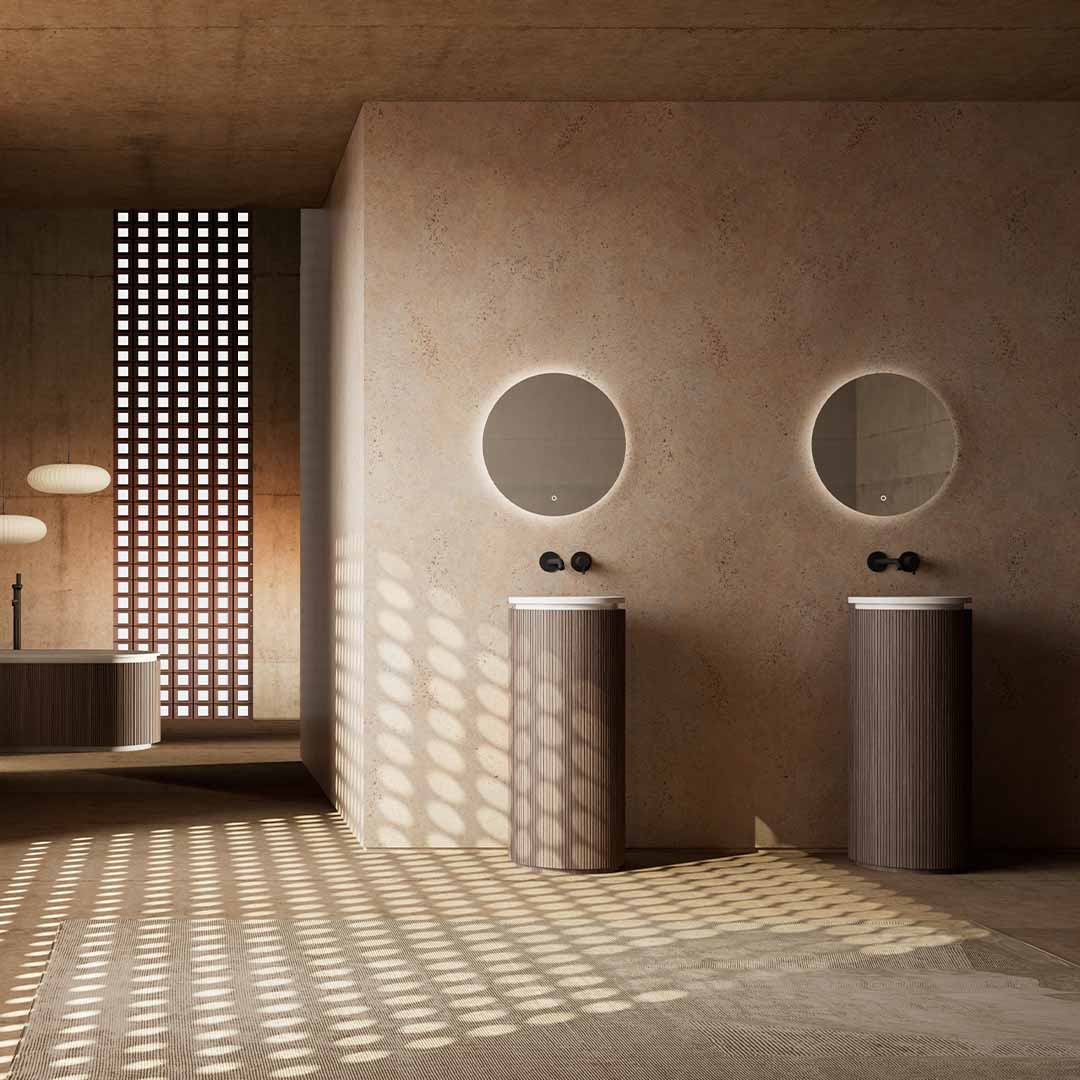 Lavoar de baie, freestanding, 38x38 cm, rotund, din compozit, alb mat cu exterior lemn natur, MonBlari