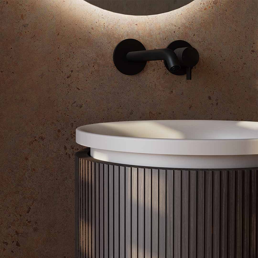 Lavoar de baie, freestanding, 38x38 cm, rotund, din compozit, alb mat cu exterior lemn natur, MonBlari