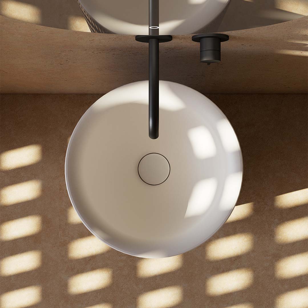 Lavoar de baie, freestanding, 38x38 cm, rotund, din compozit, alb mat cu exterior lemn natur, MonBlari