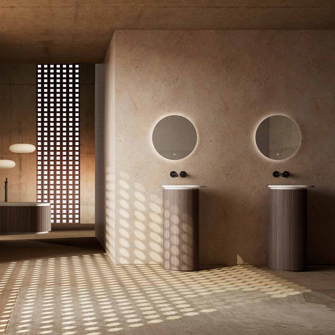 Lavoar de baie, freestanding, 38x46 cm, oval, din compozit, alb mat cu exterior lemn natur, MonBlari