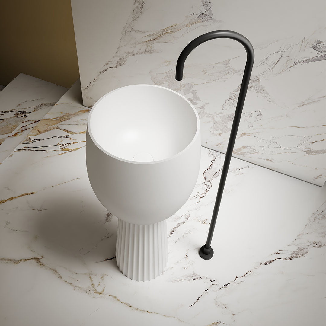 Lavoar de baie, freestanding, 40 cm, rotund, din compozit, alb mat, riflaje in partea inferioara, MonBlari