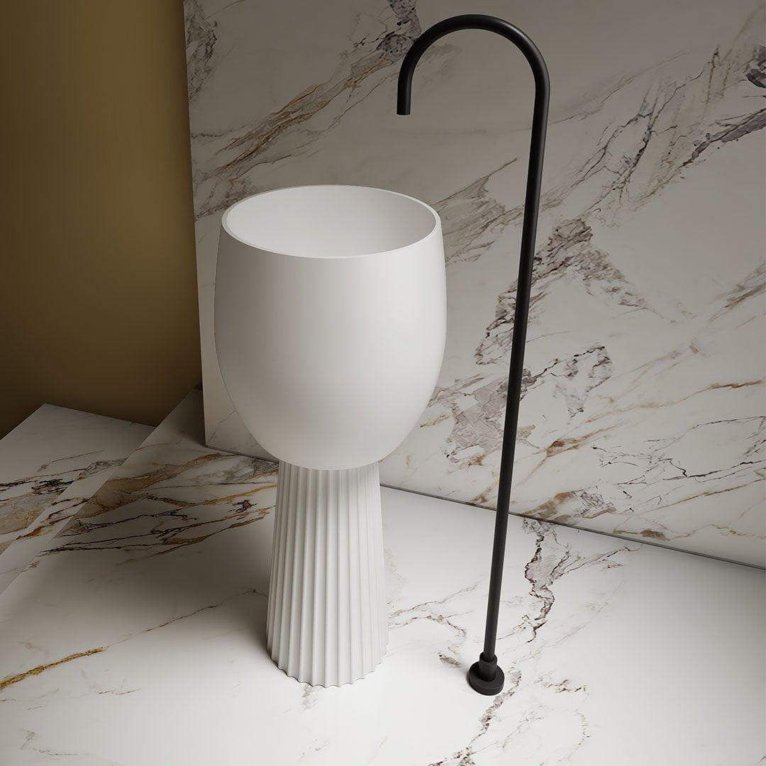 Lavoar de baie, freestanding, 40 cm, rotund, din compozit, alb mat, riflaje in partea inferioara, MonBlari