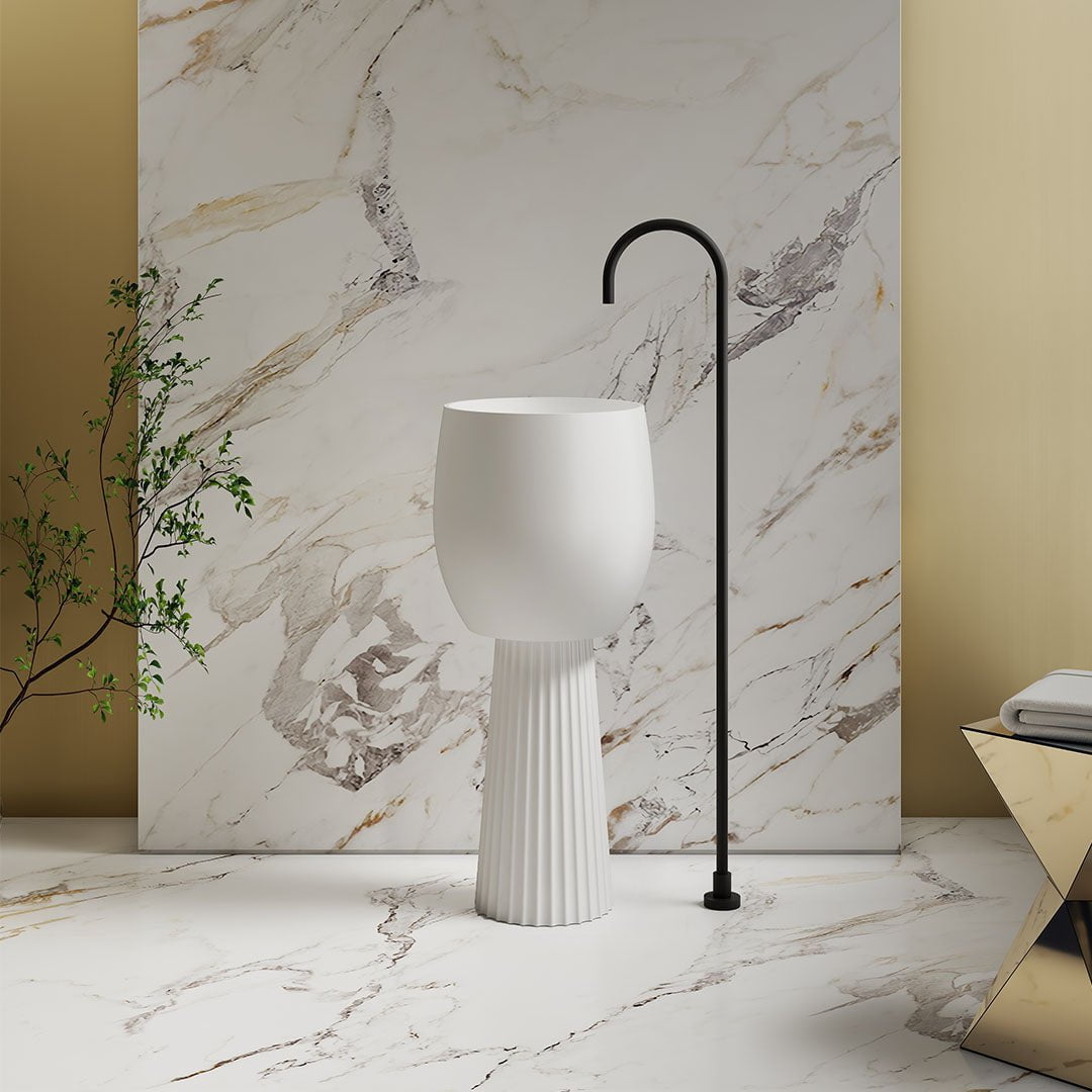 Lavoar de baie, freestanding, 40 cm, rotund, din compozit, alb mat, riflaje in partea inferioara, MonBlari