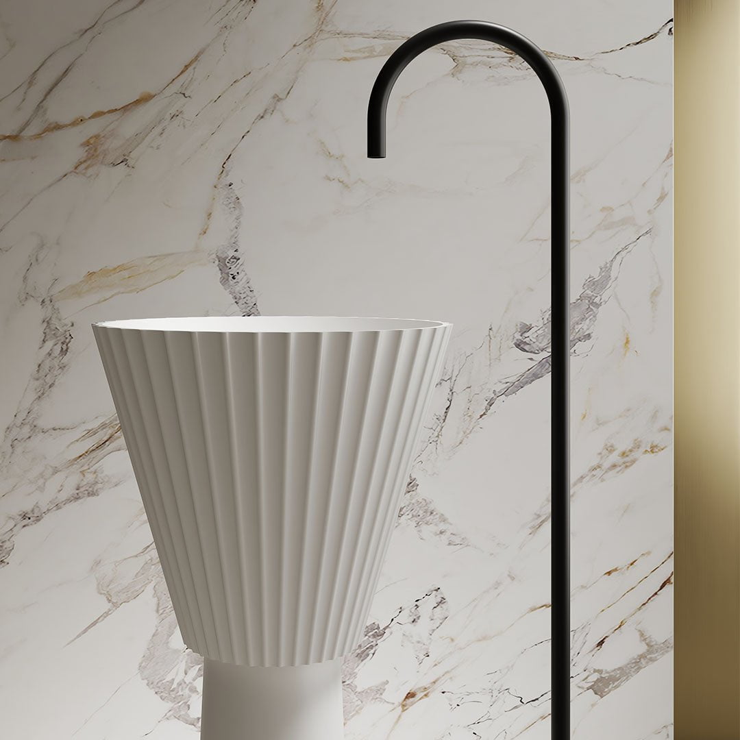 Lavoar de baie, freestanding, 40 cm, rotund, din compozit, alb mat, riflaje in partea superioara,, MonBlari