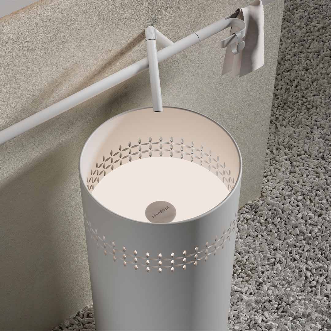 Lavoar de baie, freestanding, 400x400x900 mm, alb, cu LED, din compozit, rotund, finisaj mat, MonBlari Linglong