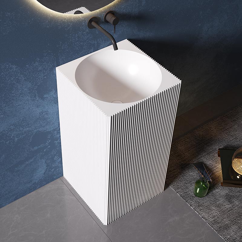 Lavoar de baie, freestanding, 45 cm, patrat, din compozit, alb, cu riflaje, MonBlari
