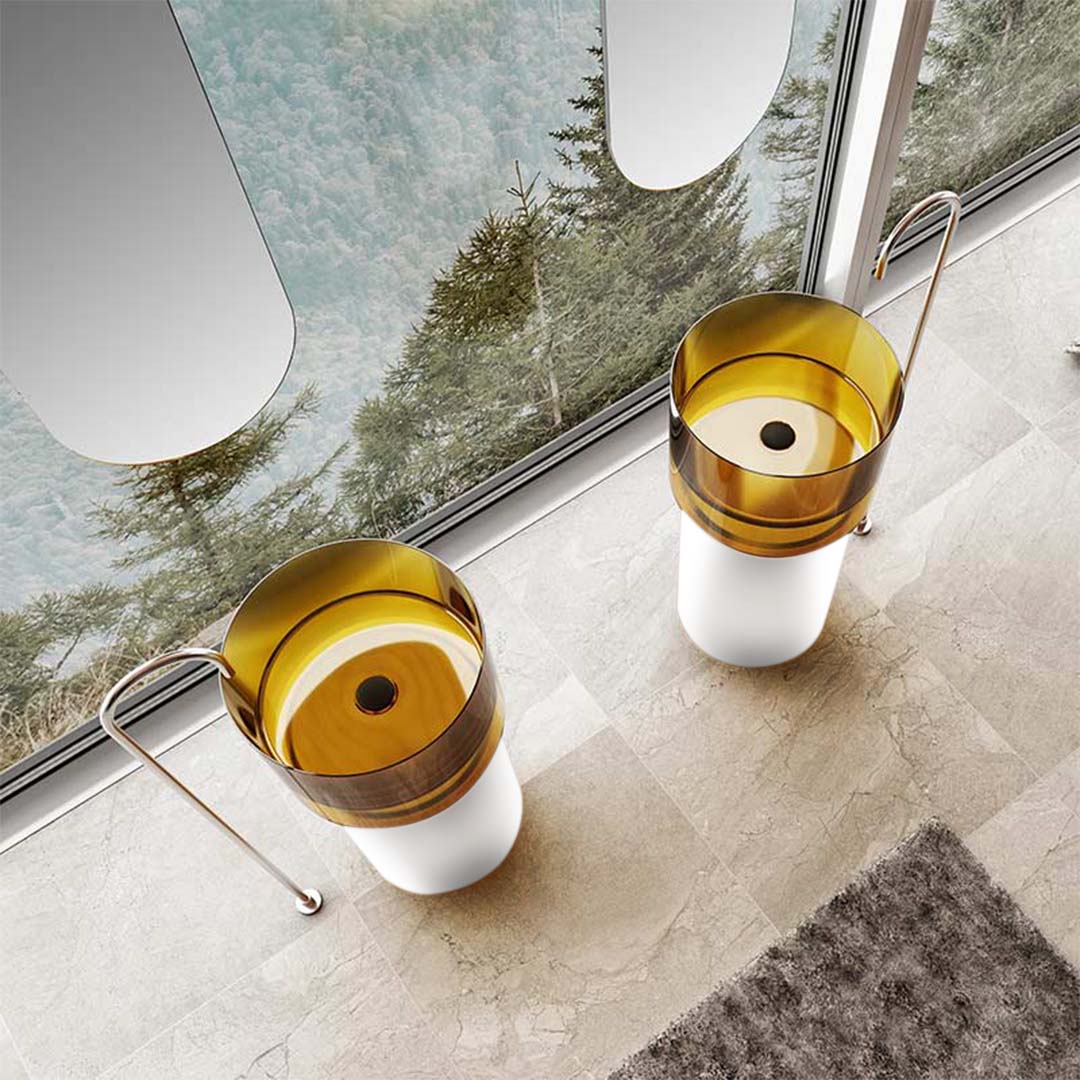 Lavoar de baie, freestanding, 45 cm, rotund, din rasina, auriu transparent cu baza alba, MonBlari