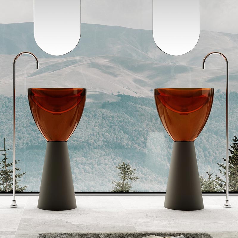 Lavoar de baie, freestanding, 45 cm, rotund, din rasina, caramiziu transparent cu baza mata, MonBlari