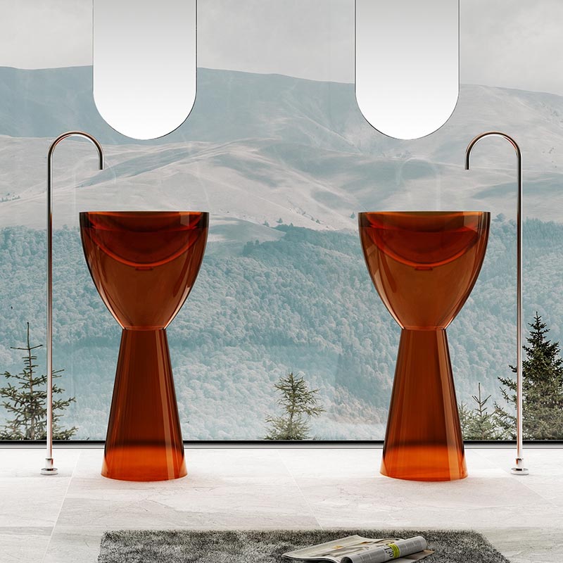 Lavoar de baie, freestanding, 45 cm, rotund, din rasina, caramiziu transparent, MonBlari