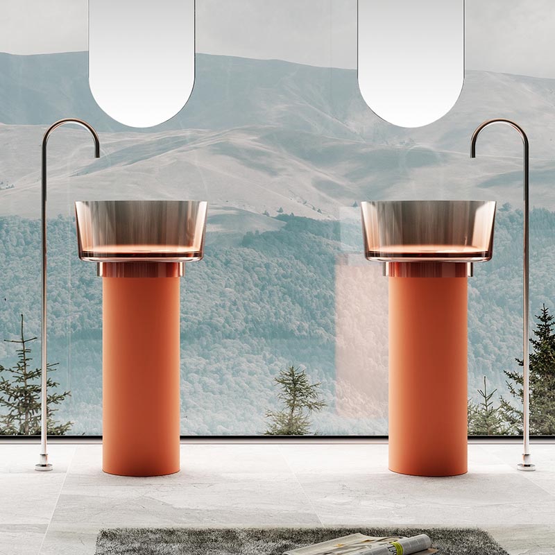 Lavoar de baie, freestanding, 45 cm, rotund, din rasina, roz transparent, cu baza portocalie, MonBlari