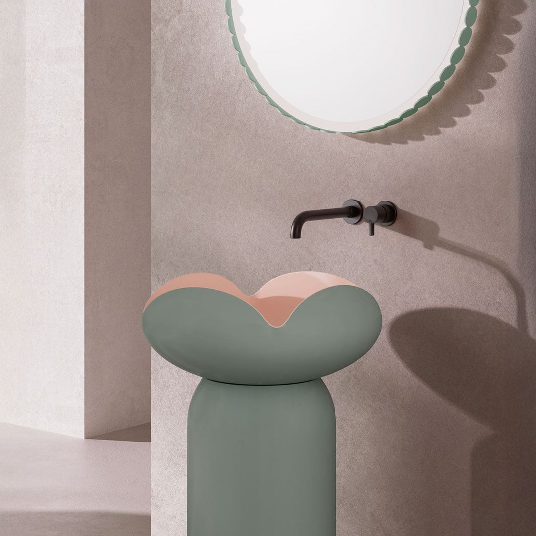 Lavoar de baie, freestanding, 45x45 cm, rotund, din compozit, roz floral, MonBlari Flower