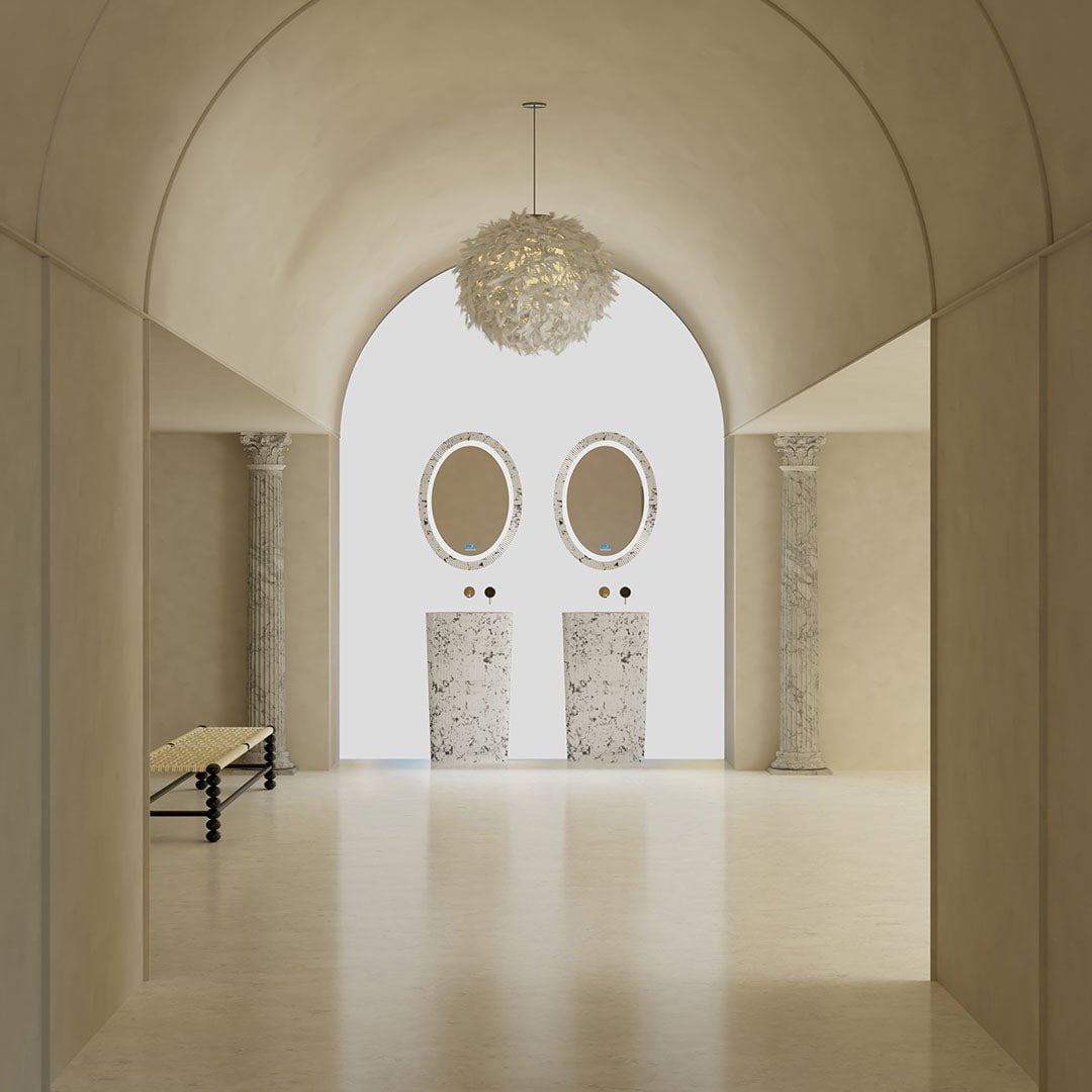 Lavoar de baie, freestanding, 50 cm, oval, din compozit, alb/gri cu riflaje, MonBlari