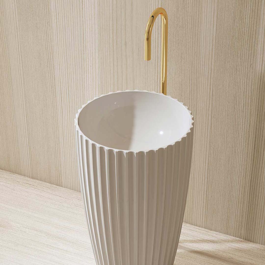 Lavoar de baie, freestanding, 50 cm, rotund, din compozit, alb mat, cu riflaje, MonBlari