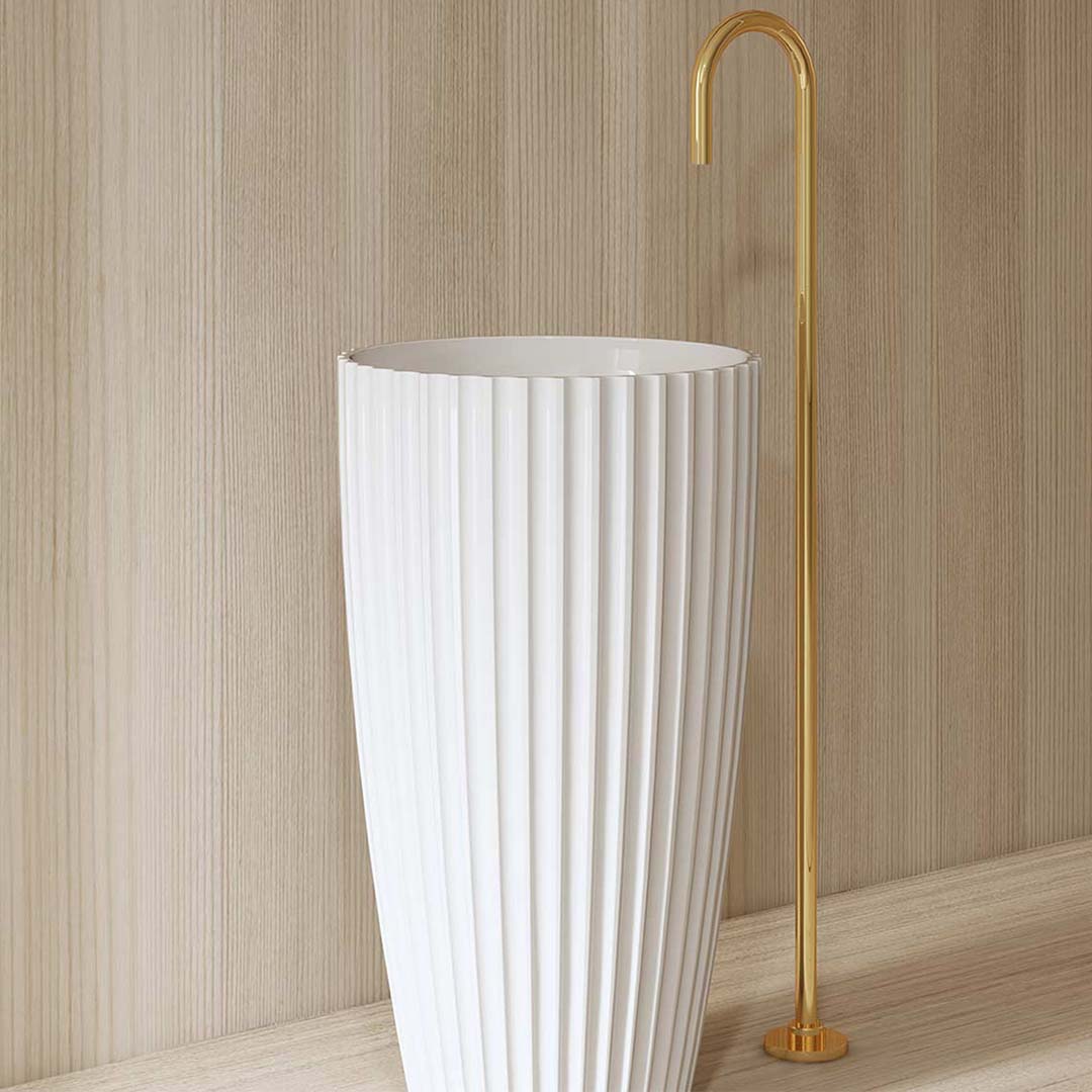 Lavoar de baie, freestanding, 50 cm, rotund, din compozit, alb mat, cu riflaje, MonBlari
