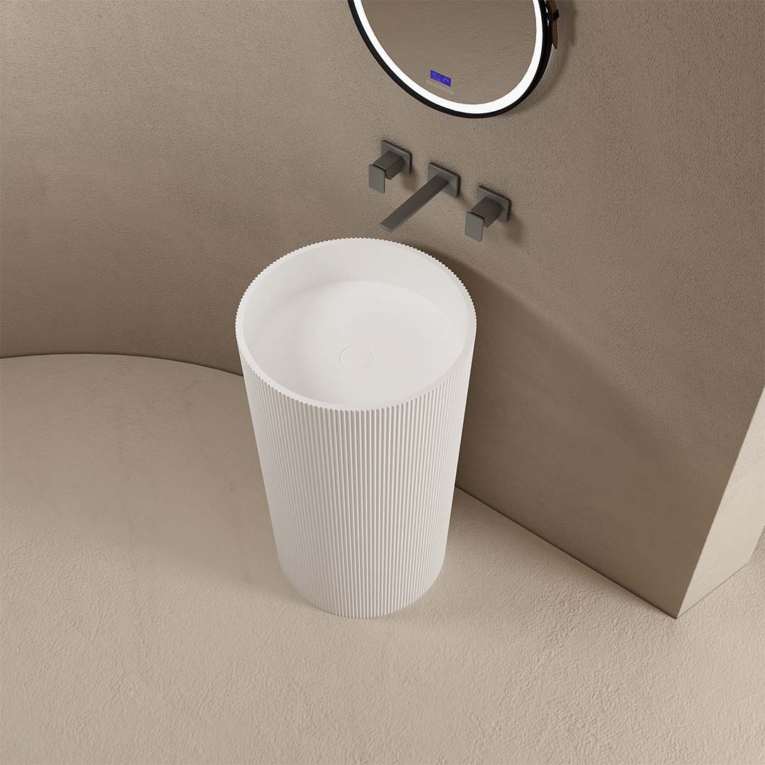 Lavoar de baie, freestanding, 50 cm, rotund, din compozit, alb mat, riflaje verticale, MonBlari
