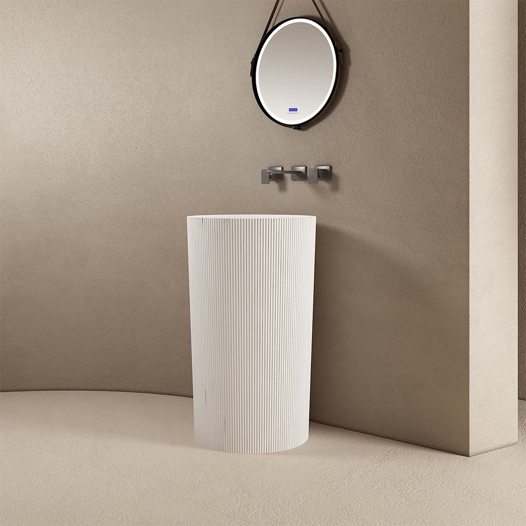 Lavoar de baie, freestanding, 50 cm, rotund, din compozit, alb mat, riflaje verticale, MonBlari