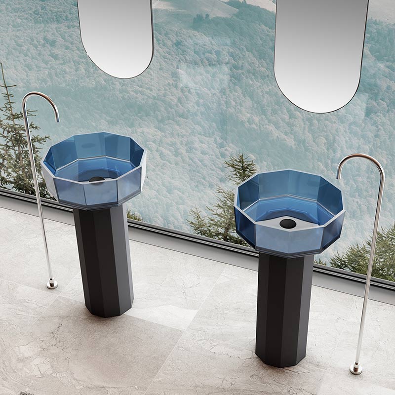 Lavoar de baie, freestanding, 50 cm, rotund, din rasina, albastru transparent, cu baza neagra, MonBlari