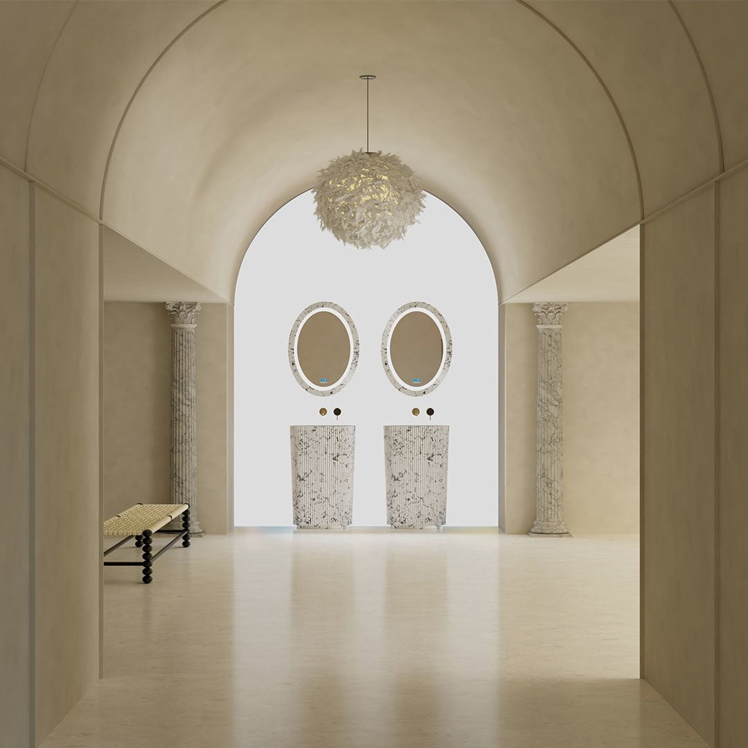 Lavoar de baie, freestanding, 55 cm, oval, din compozit, alb/gri cu riflaje, MonBlari