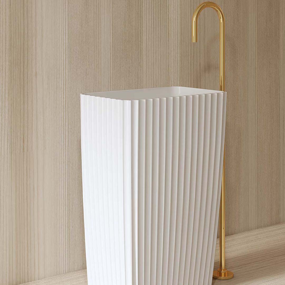 Lavoar de baie, freestanding, 60 cm, dreptunghiular, din compozit, alb mat, cu riflaje, MonBlari