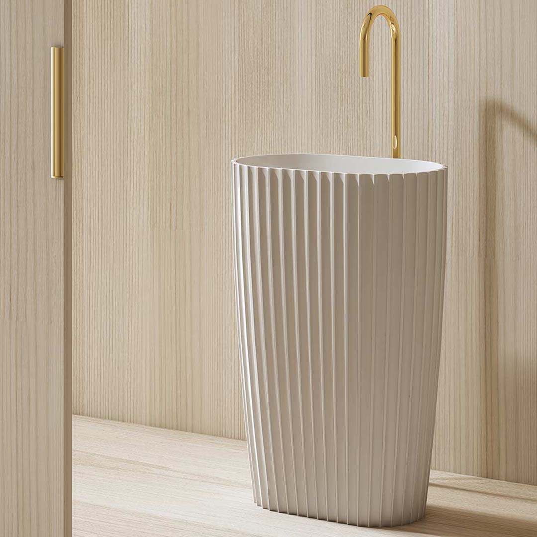 Lavoar de baie, freestanding, 60 cm, oval, din compozit, alb mat, cu riflaje, MonBlari