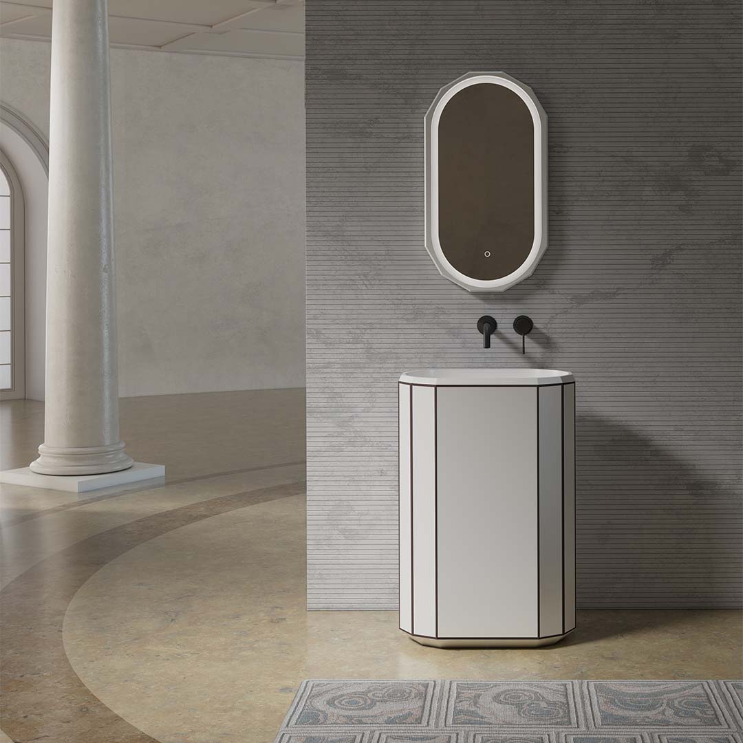 Lavoar de baie, freestanding, 60x36 cm, oval, din compozit, alb mat cu linii negre, MonBlari Beryl