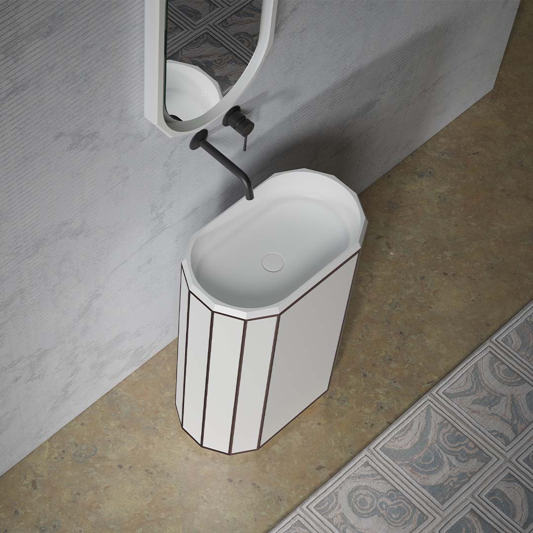 Lavoar de baie, freestanding, 60x36 cm, oval, din compozit, alb mat cu linii negre, MonBlari Beryl