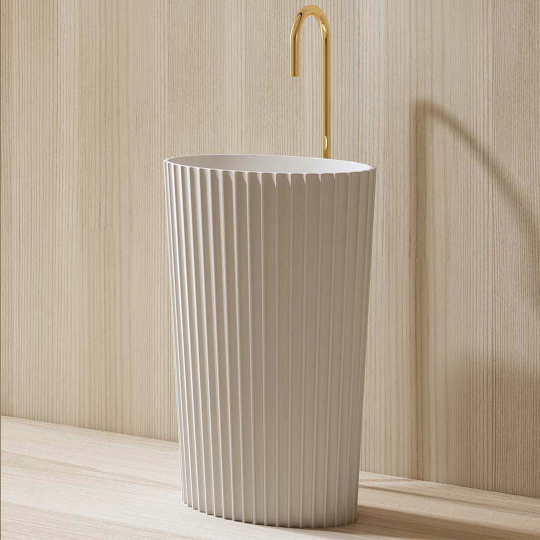 Lavoar de baie, freestanding, 60x40 cm, oval, din compozit, alb mat, cu riflaje, MonBlari