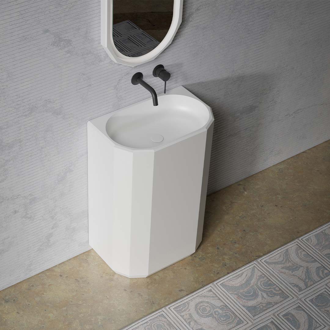 Lavoar de baie, freestanding, lipit de perete, 60x38 cm, oval, din compozit, alb mat, MonBlari Beryl