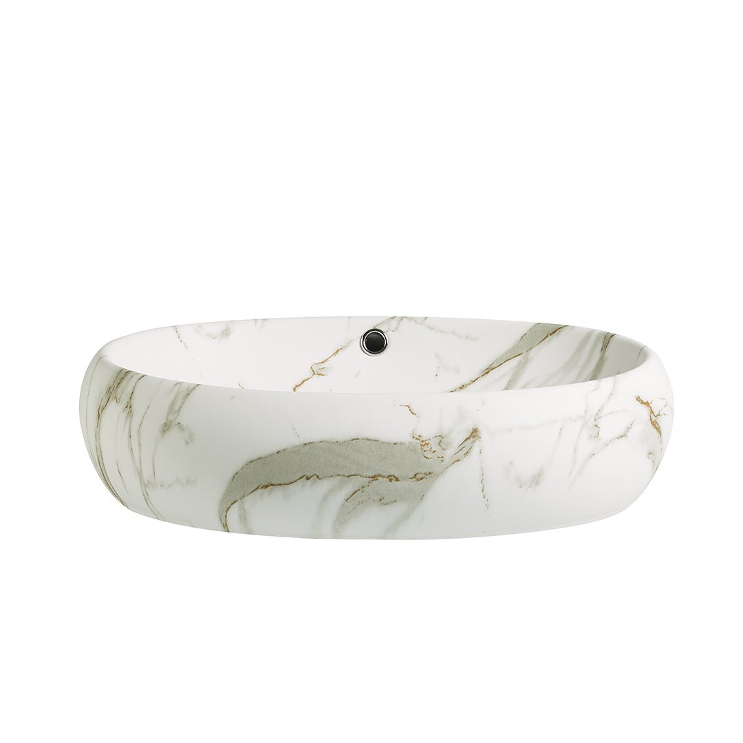 Lavoar de baie Granada, pe blat, oval, din ceramica sanitara, 60 cm, imitatie maramura Calacatta Oro, Elysium