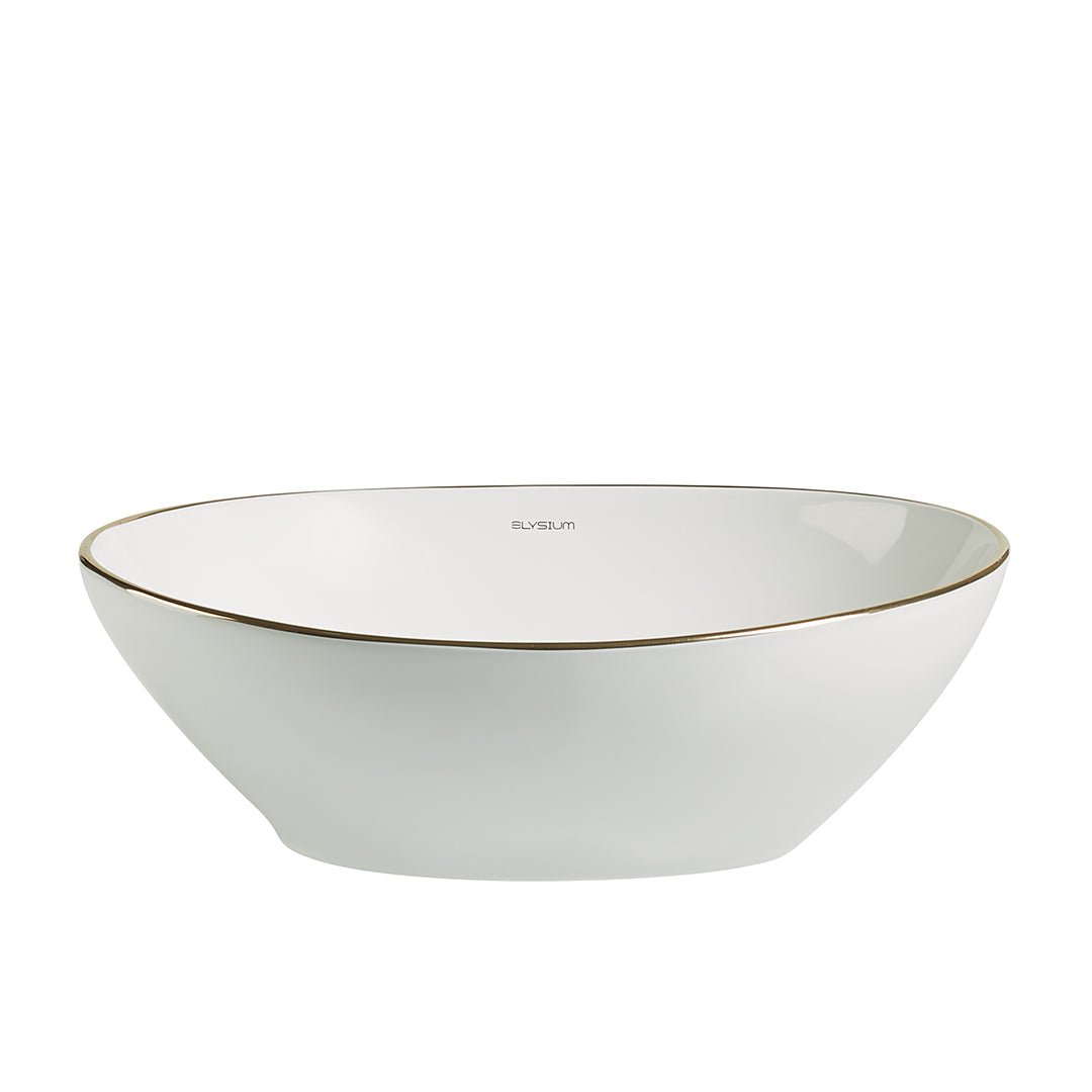 Lavoar de baie Inari, pe blat, oval, din ceramica sanitara, 41 cm, imitatie marmura Blue vein, Elysium