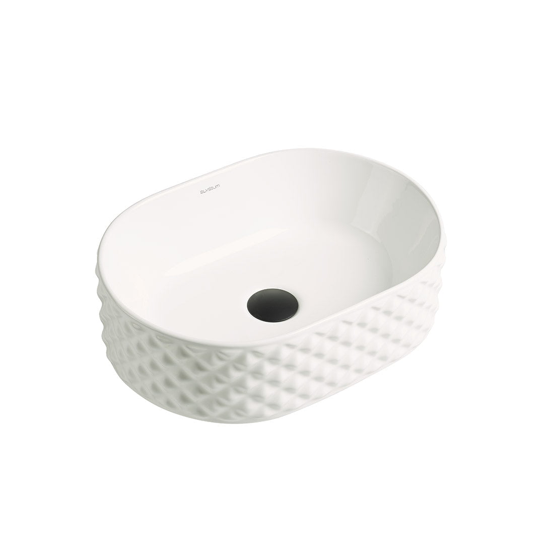 Lavoar de baie Irina, pe blat, oval, din ceramica sanitara, 45 cm, alb lucios cu model decorativ, Elysium