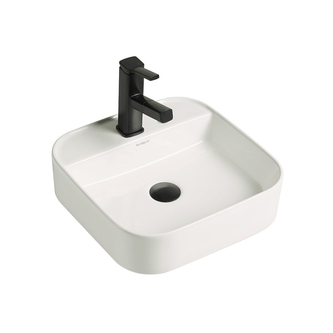 Lavoar de baie Kaelis 40, pe blat sau pe perete, patrat, din ceramica sanitara, 40 cm, alb lucios, Elysium