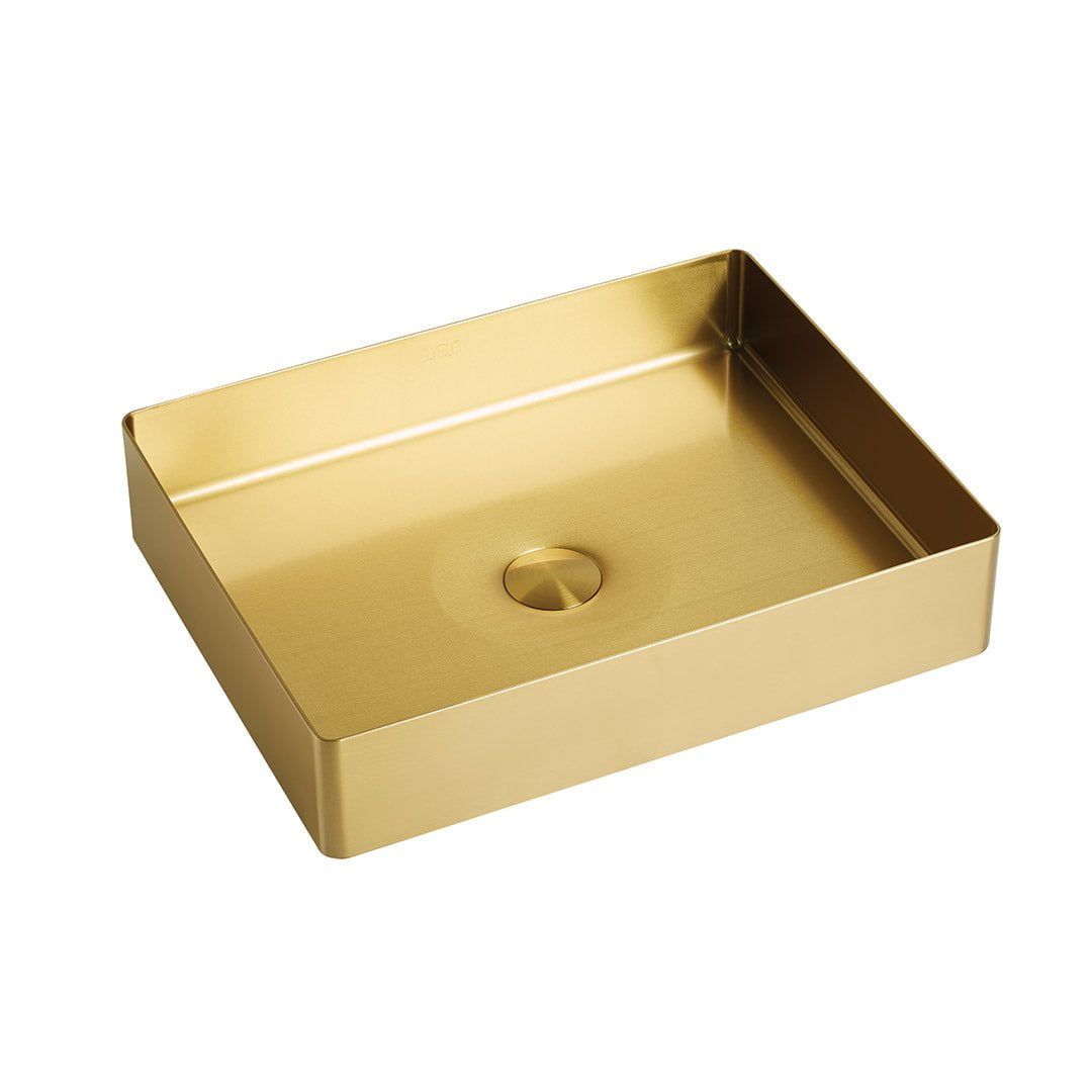 Lavoar de baie Kaia 48, pe blat, dreptunghiular, din otel inoxidabil, 48 cm, auriu, Elysium