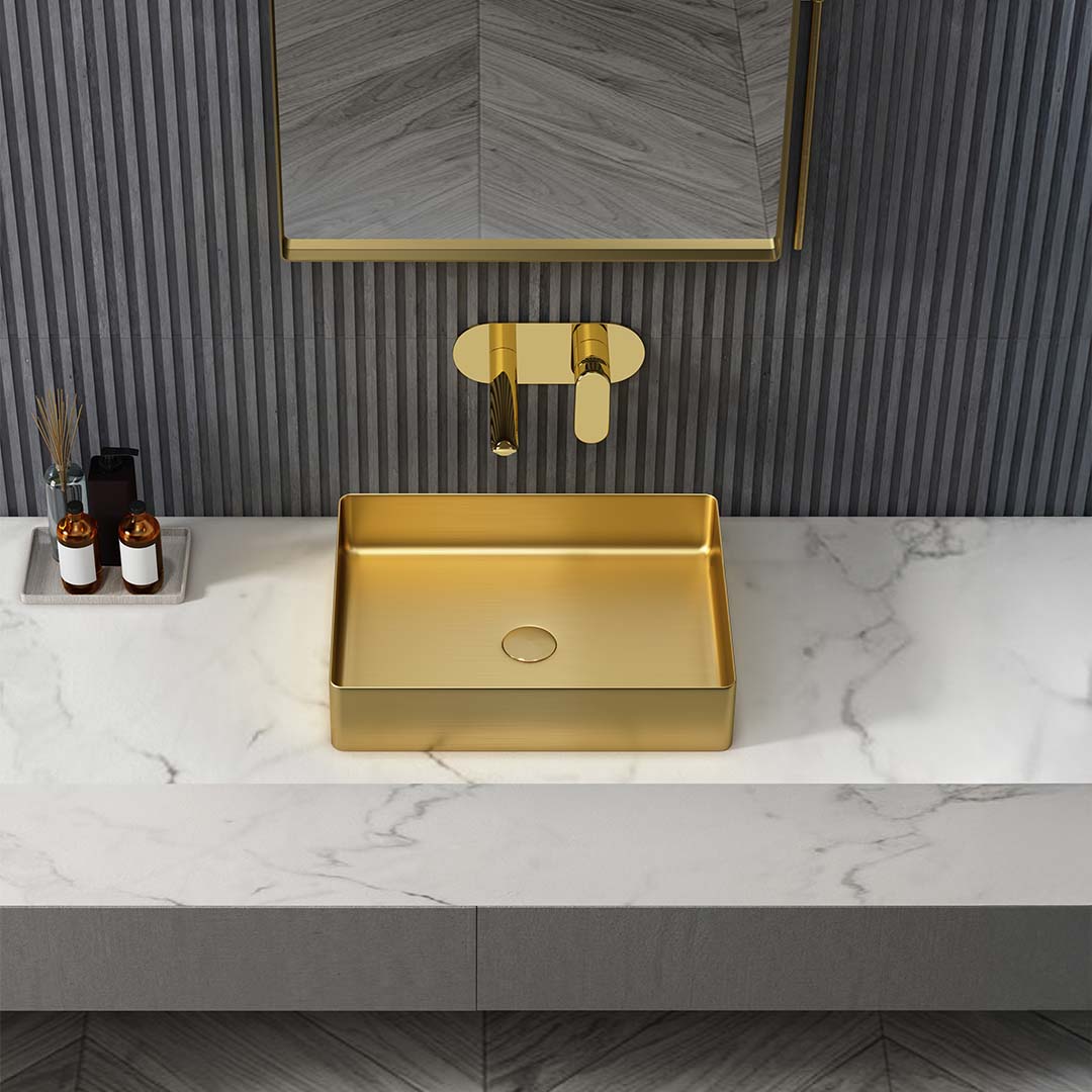 Lavoar de baie Kaia 48, pe blat, dreptunghiular, din otel inoxidabil, 48 cm, auriu, Elysium