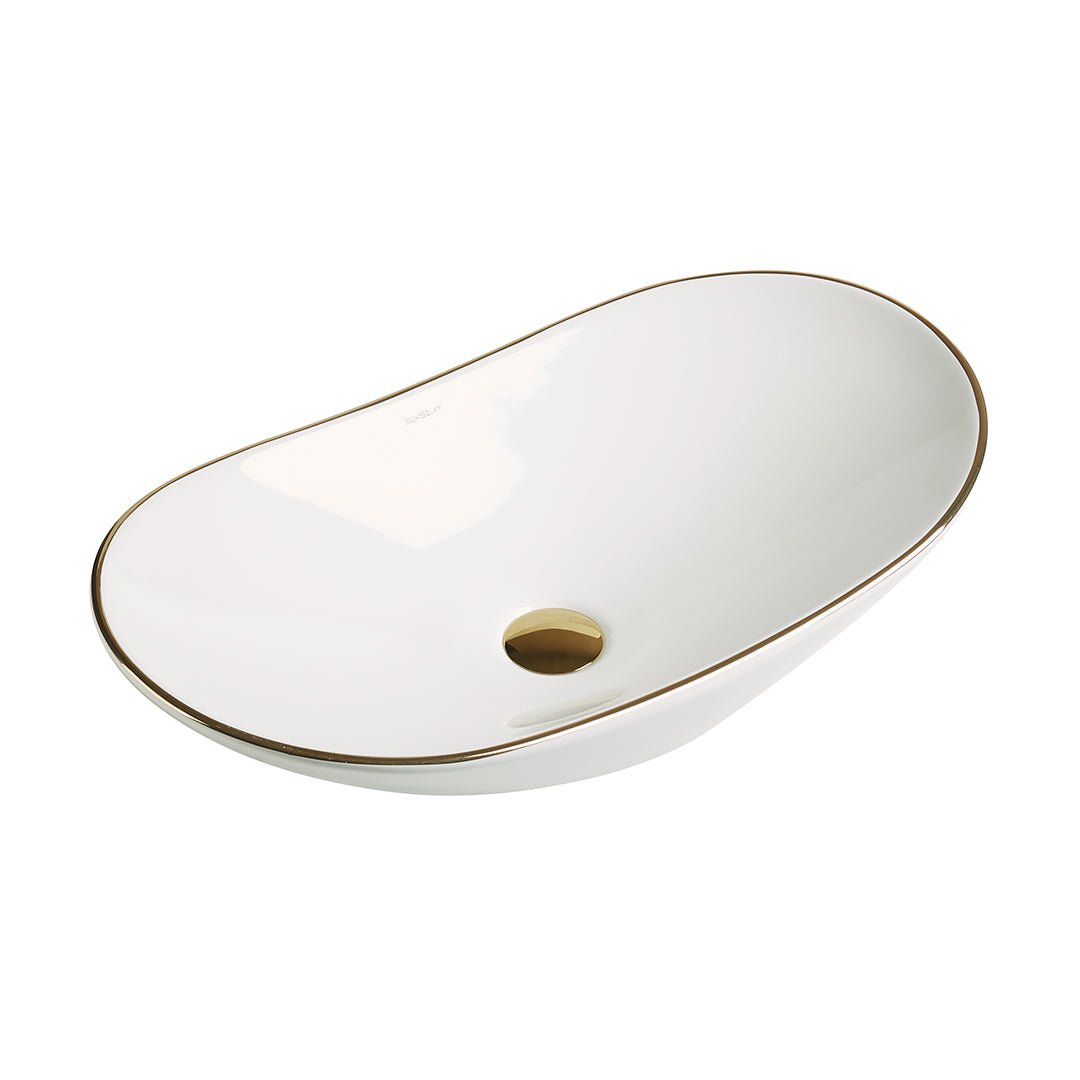 Lavoar de baie Lleida, pe blat, oval, din ceramica sanitara, 61.5 cm, alb lucios cu margini aurii, Elysium