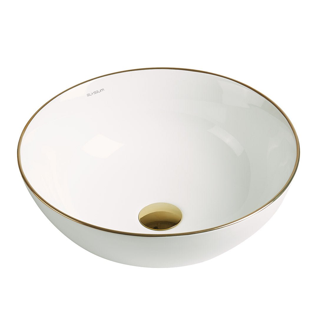 Lavoar de baie Loire, pe blat, rotund, din ceramica sanitara, 41.5 cm, alb lucios cu margini aurii, Elysium