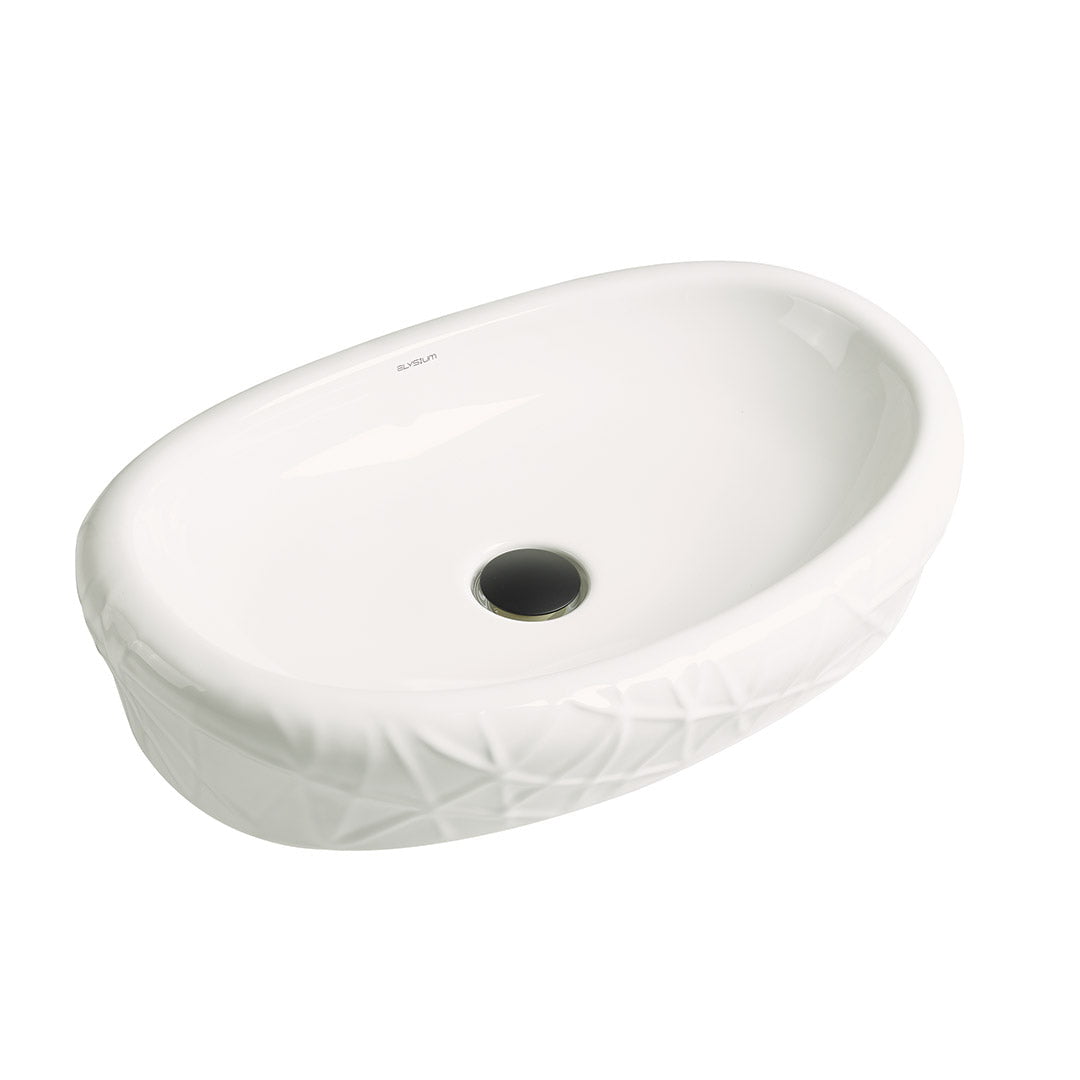 Lavoar de baie Meta, pe blat, oval, din ceramica sanitara, 60 cm, alb lucios cu model decorativ, Elysium